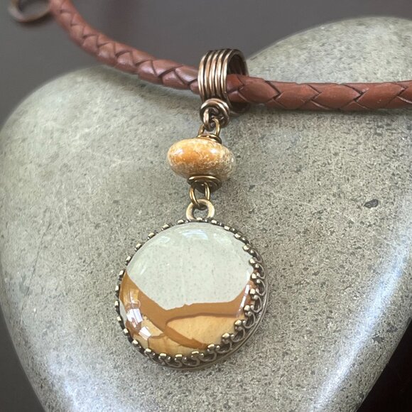 Artisan Jewelry - Unisex Picture Jasper and Leather Necklace – Wire-Wrapped Rustic Minimalist